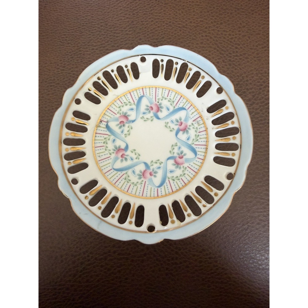 Royal Danube Pedestal Dish – Cutout Porcelain Trinket Plate, Floral, Gold Trim